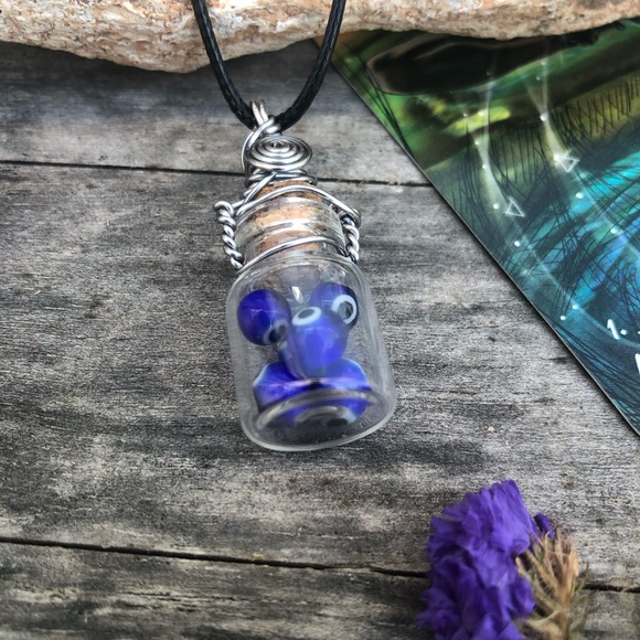 Evil Eye Protection Bottle Necklace Wire Wrapped - in Titanium Wire - Picture 6 of 10